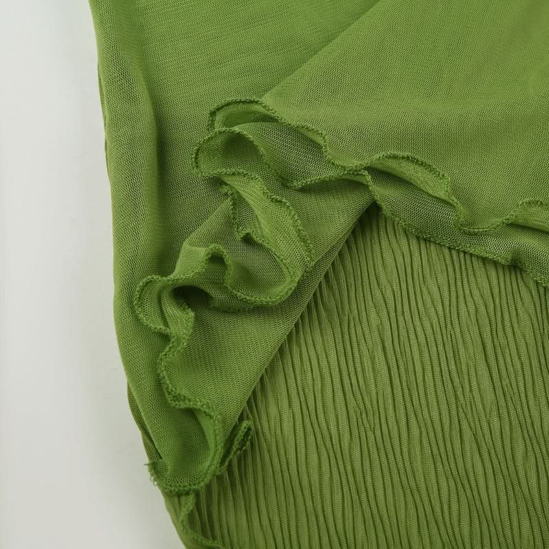 Y2K Fairy Grunge Green Ruffle Cami Top - Textured Split Hem & Sheer Layering