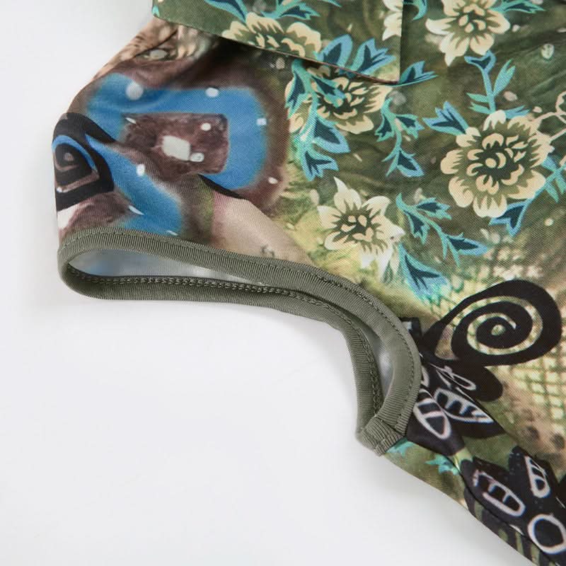 Fall Chic Y2K Abstract Print Collared V-Neck Top - Cap Sleeve & Fitted