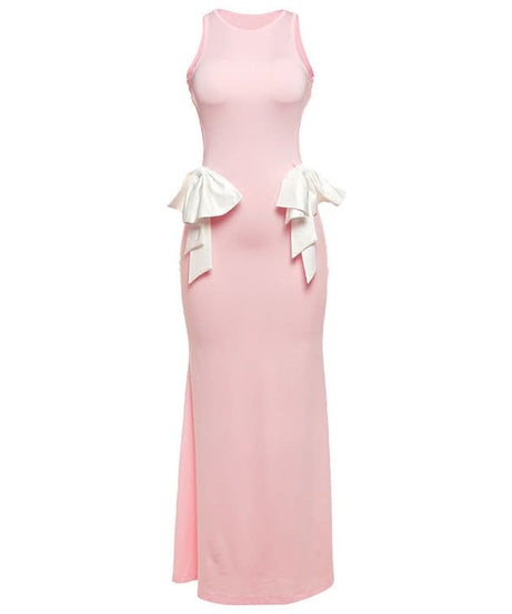 Elegant Pink Maxi Dress with Statement Bows - Chic Sleeveless Gown for Holiday Parties & Weddings