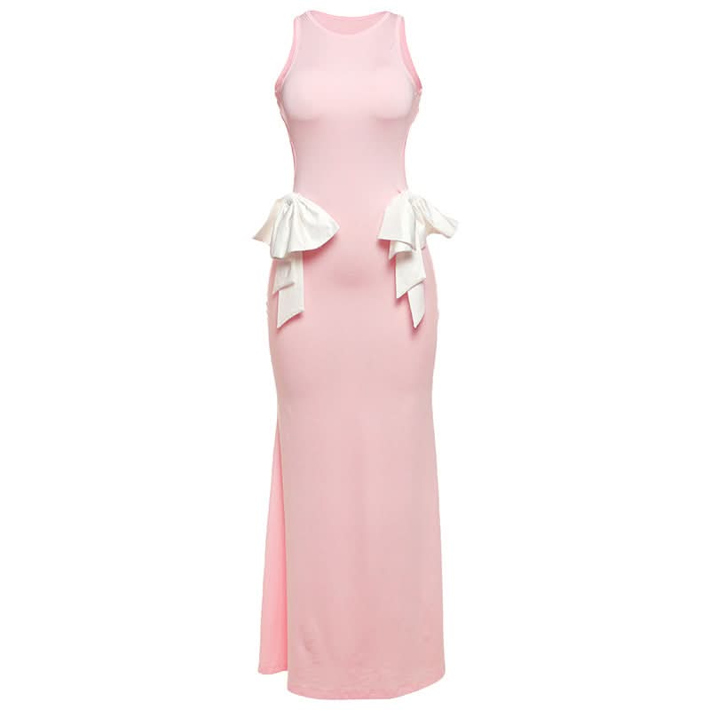 Elegant Pink Maxi Dress with Statement Bows - Chic Sleeveless Gown for Holiday Parties & Weddings