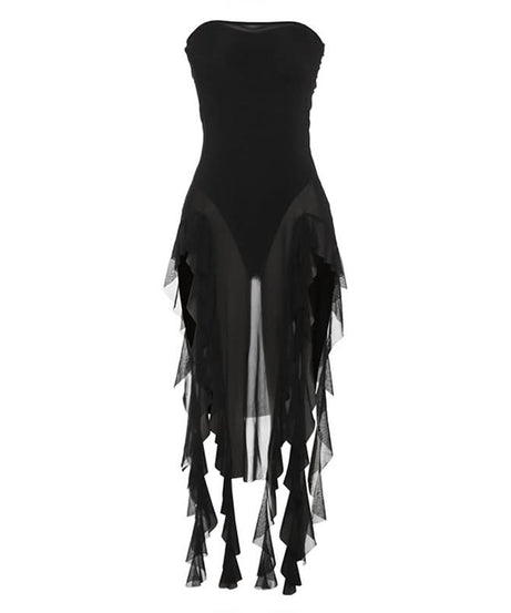 Gothic Siren Strapless Mesh Bodysuit Dress - Dramatic Asymmetrical Drape for Halloween & Fall Parties