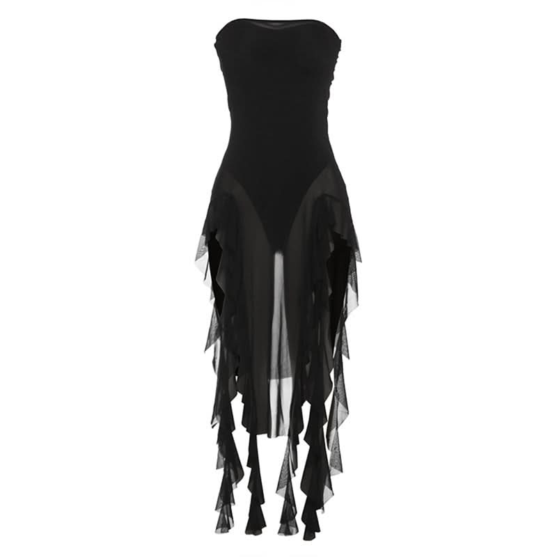 Gothic Siren Strapless Mesh Bodysuit Dress - Dramatic Asymmetrical Drape for Halloween & Fall Parties