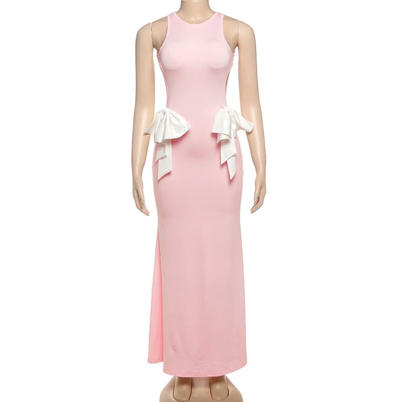 Elegant Pink Maxi Dress with Statement Bows - Chic Sleeveless Gown for Holiday Parties & Weddings