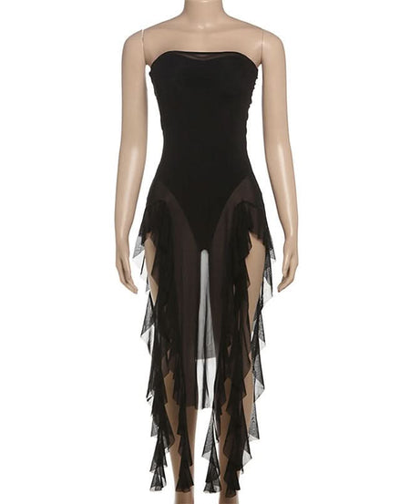 Gothic Siren Strapless Mesh Bodysuit Dress - Dramatic Asymmetrical Drape for Halloween & Fall Parties