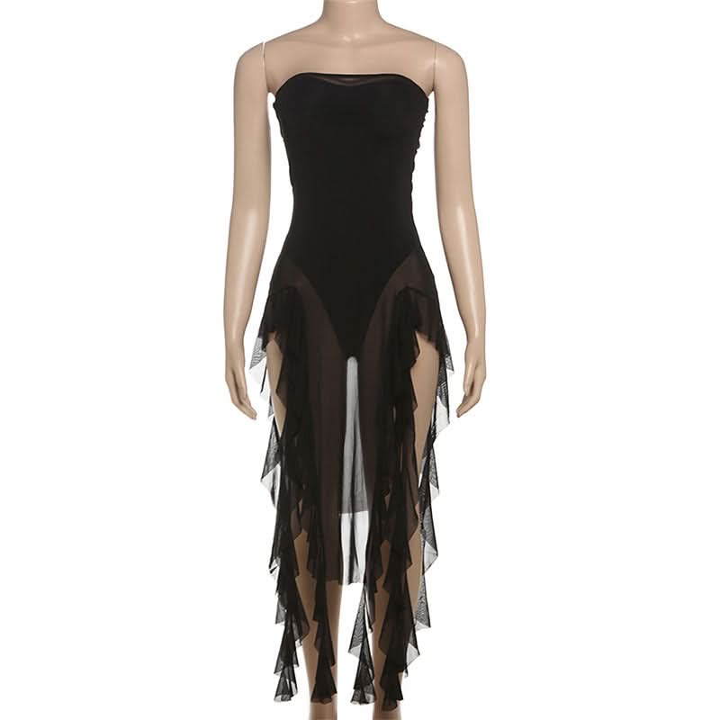 Gothic Siren Strapless Mesh Bodysuit Dress - Dramatic Asymmetrical Drape for Halloween & Fall Parties