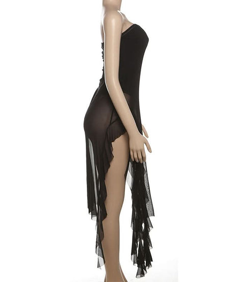 Gothic Siren Strapless Mesh Bodysuit Dress - Dramatic Asymmetrical Drape for Halloween & Fall Parties