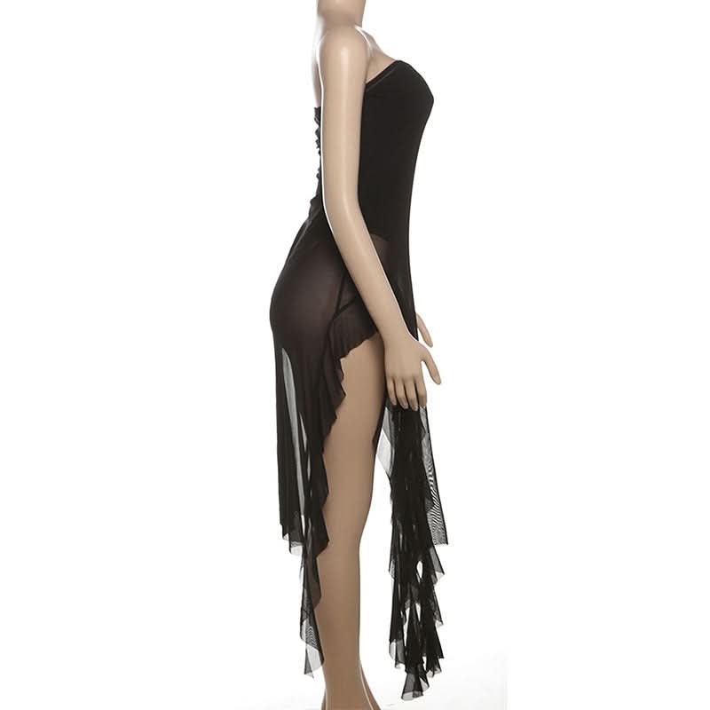 Gothic Siren Strapless Mesh Bodysuit Dress - Dramatic Asymmetrical Drape for Halloween & Fall Parties