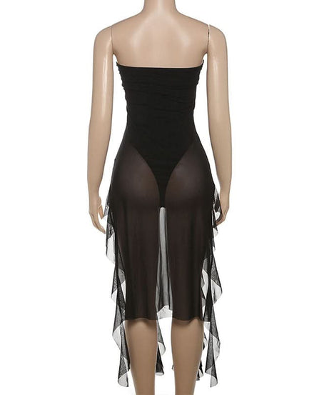 Gothic Siren Strapless Mesh Bodysuit Dress - Dramatic Asymmetrical Drape for Halloween & Fall Parties