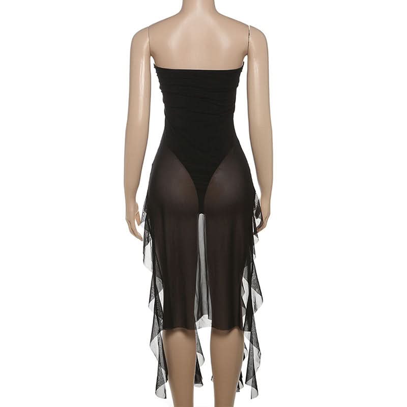 Gothic Siren Strapless Mesh Bodysuit Dress - Dramatic Asymmetrical Drape for Halloween & Fall Parties