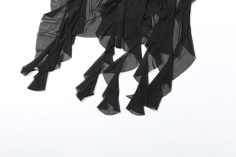 Gothic Siren Strapless Mesh Bodysuit Dress - Dramatic Asymmetrical Drape for Halloween & Fall Parties