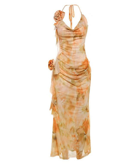Enchanting Fall Bloom Cowl Neck Maxi Dress with 3D Rose Appliques