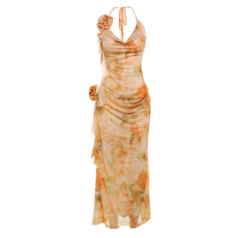 Enchanting Fall Bloom Cowl Neck Maxi Dress with 3D Rose Appliques