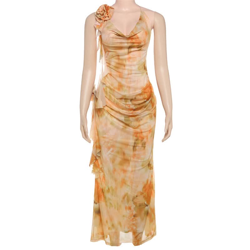 Enchanting Fall Bloom Cowl Neck Maxi Dress with 3D Rose Appliques