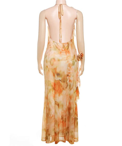Enchanting Fall Bloom Cowl Neck Maxi Dress with 3D Rose Appliques