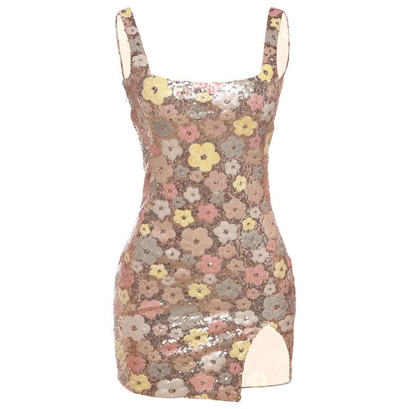 Dazzling Floral Sequin Mini Dress with Slit – Your Ultimate Holiday & Party Statement Piece
