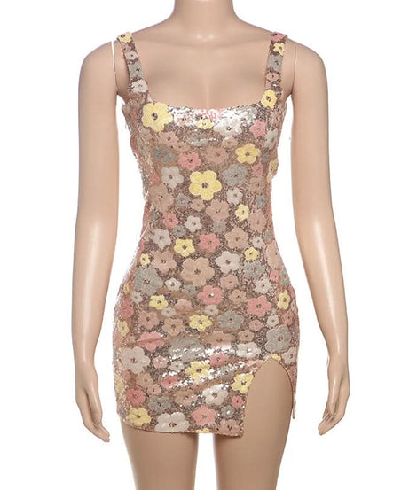Dazzling Floral Sequin Mini Dress with Slit – Your Ultimate Holiday & Party Statement Piece