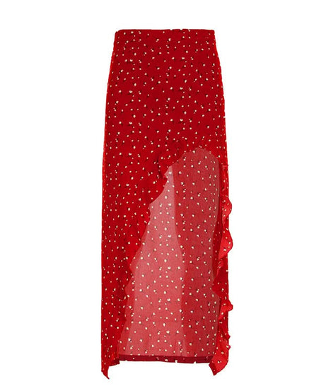 Autumn Chic Red Polka Dot Ruffle Slit Midi Skirt - Versatile & Flattering