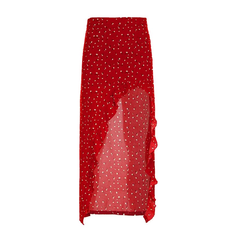 Autumn Chic Red Polka Dot Ruffle Slit Midi Skirt - Versatile & Flattering