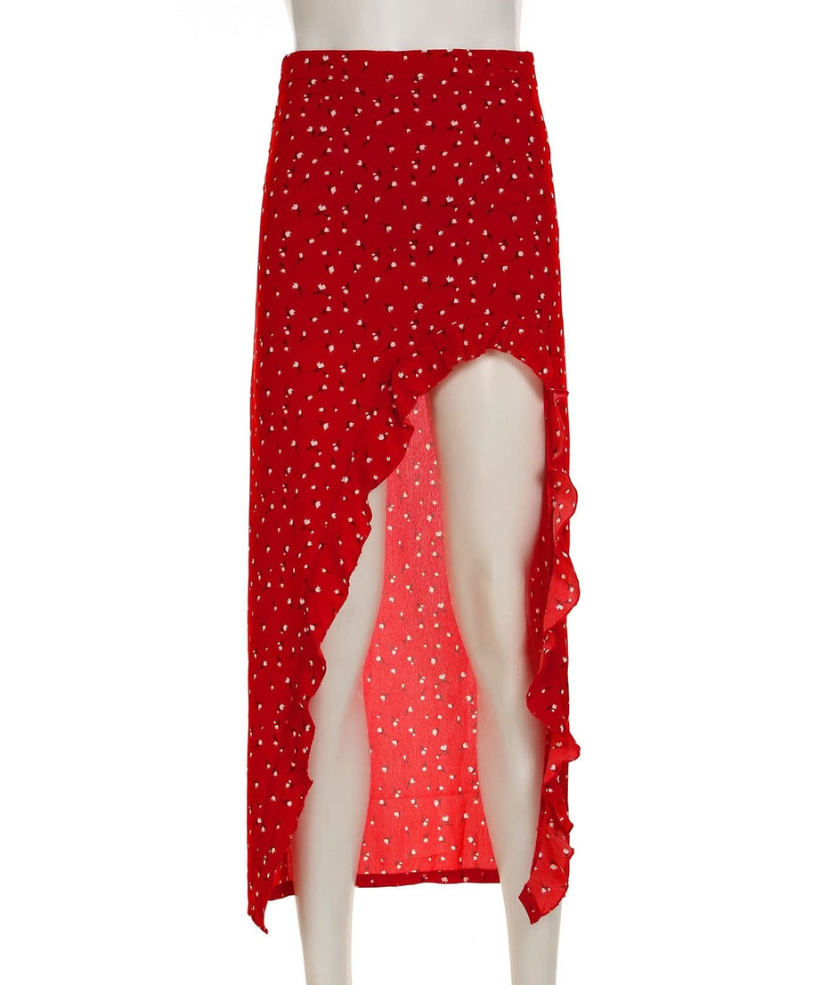 Autumn Chic Red Polka Dot Ruffle Slit Midi Skirt - Versatile & Flattering