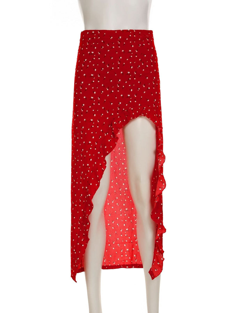 Autumn Chic Red Polka Dot Ruffle Slit Midi Skirt - Versatile & Flattering