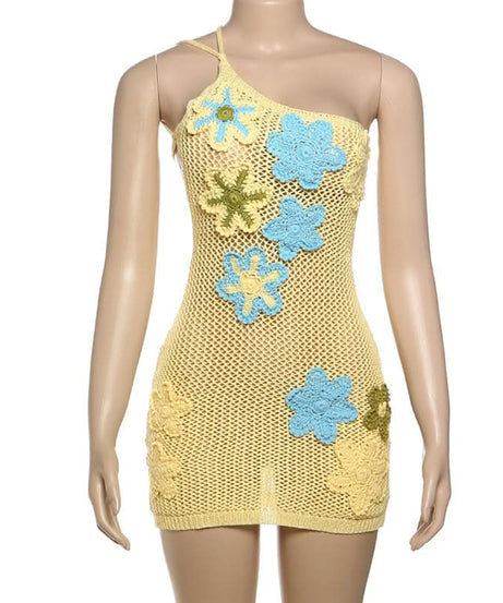 Dreamy Floral Crochet One-Shoulder Mini Dress - Your Chic Escape for Sunny Destinations