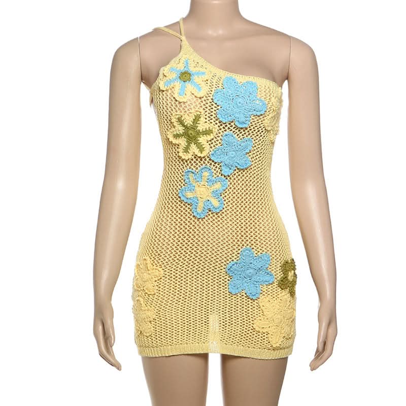 Dreamy Floral Crochet One-Shoulder Mini Dress - Your Chic Escape for Sunny Destinations