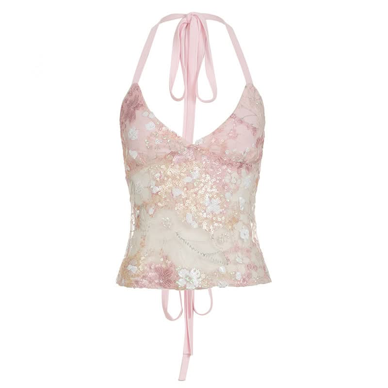 Dazzling Pink Sequin Halter V-Neck Top - Chic Night Out & Fall Event Ready