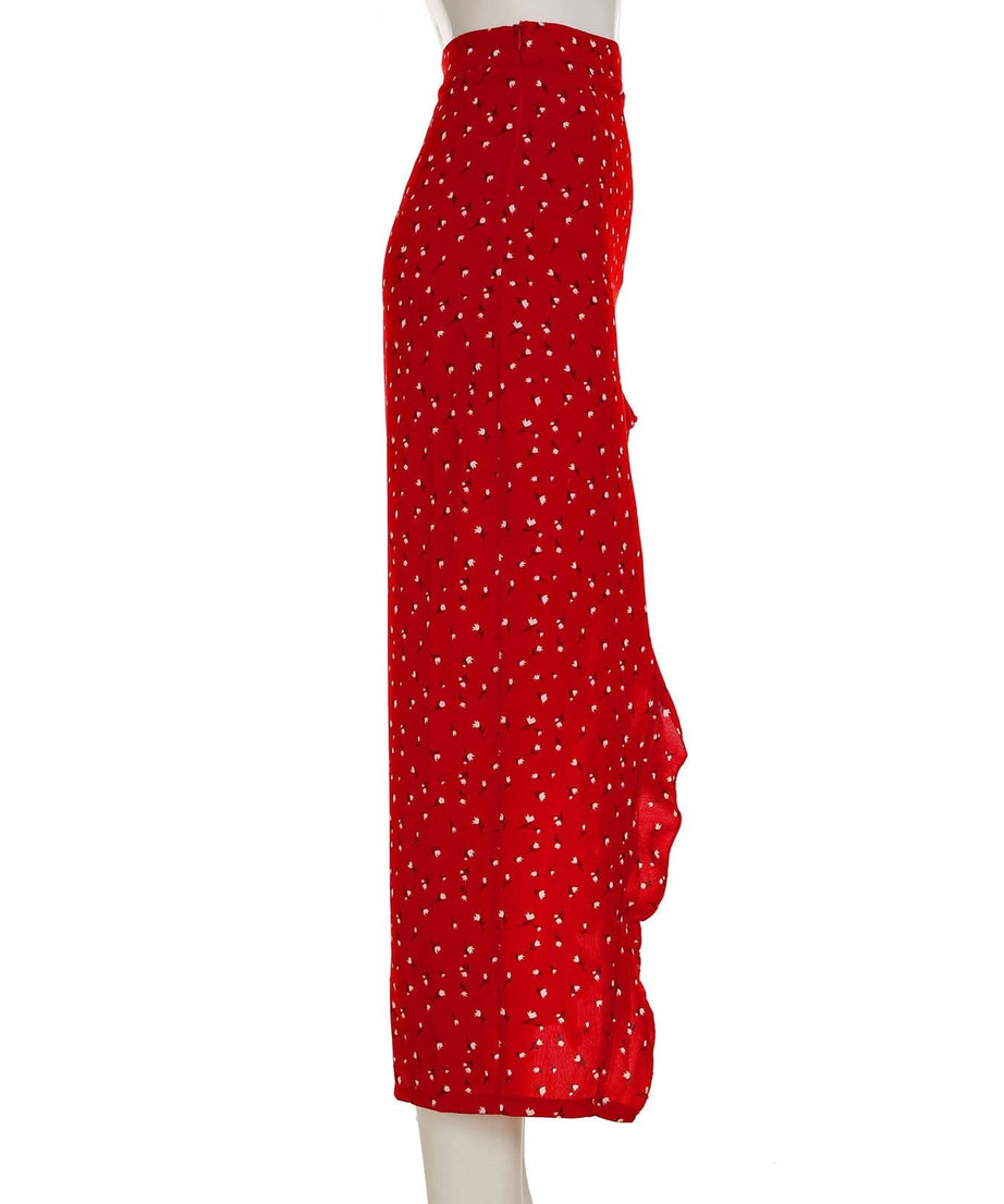 Autumn Chic Red Polka Dot Ruffle Slit Midi Skirt - Versatile & Flattering