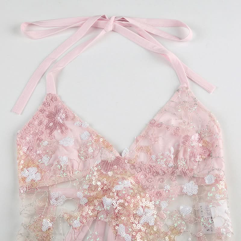 Dazzling Pink Sequin Halter V-Neck Top - Chic Night Out & Fall Event Ready