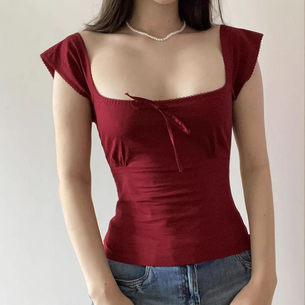 Autumn Blossom Square Neck Tie-Front Cap Sleeve Top - Deep Berry