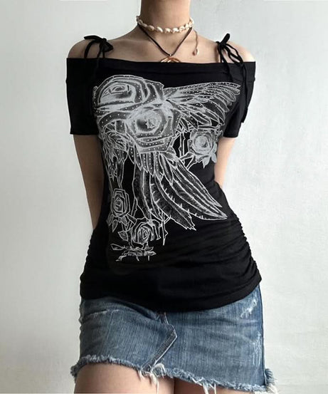 Bewitching Rose Wing Off-Shoulder Top | Y2K Grunge Graphic Tee for Spooky Season