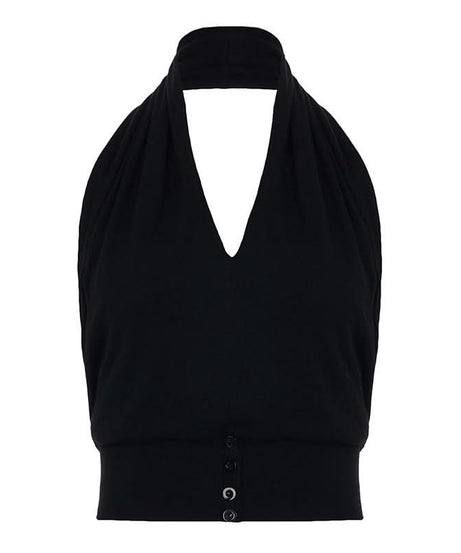 Effortless Fall Chic: Black Halter V-Neck Top with Backless Design & Button Detail