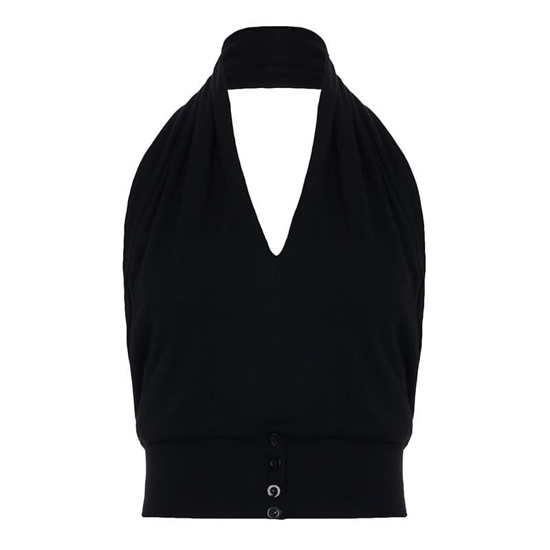 Effortless Fall Chic: Black Halter V-Neck Top with Backless Design & Button Detail