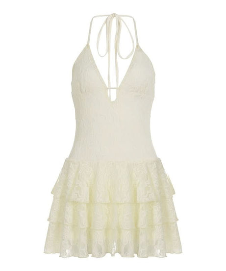 Ivory Lace Tiered Ruffle Halter Mini Dress - Your Ultimate Fall Getaway & Resort Essential