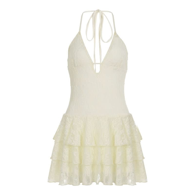 Ivory Lace Tiered Ruffle Halter Mini Dress - Your Ultimate Fall Getaway & Resort Essential