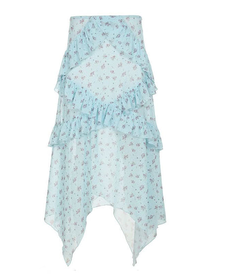 Whimsical Blue Floral Ruffle Tiered Maxi Skirt - Asymmetrical Hem for Effortless Fall Style