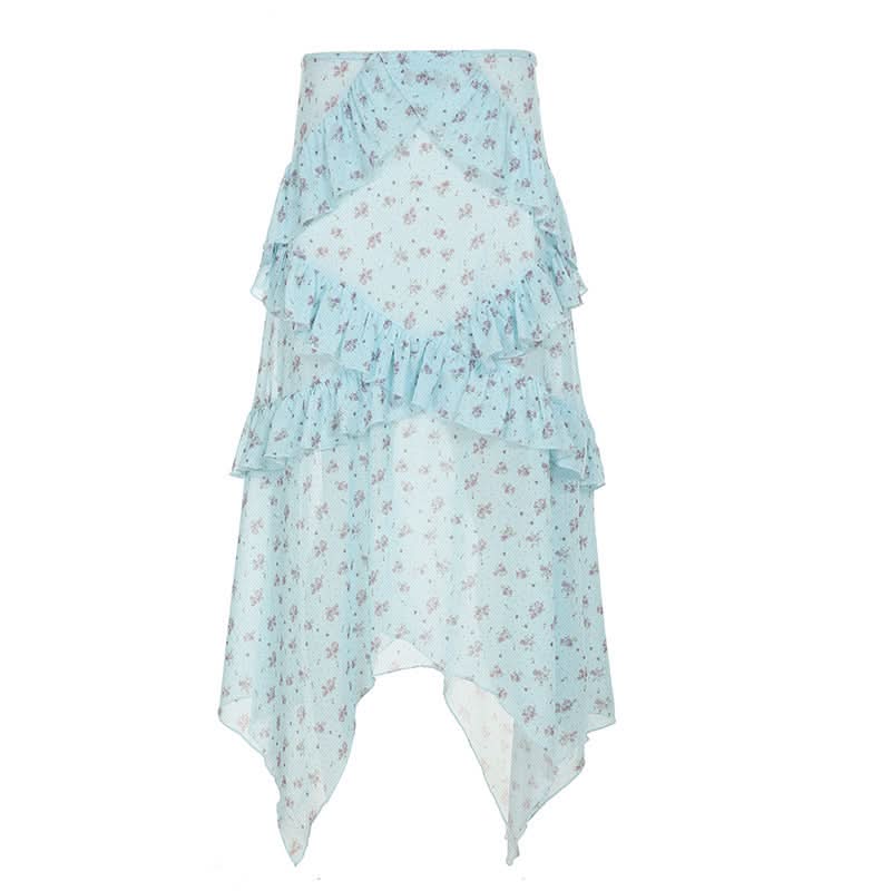 Whimsical Blue Floral Ruffle Tiered Maxi Skirt - Asymmetrical Hem for Effortless Fall Style