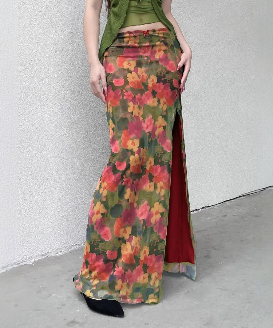 Vibrant Autumn Bloom Mesh Maxi Skirt with High Slit | Chic Fall Floral Statement
