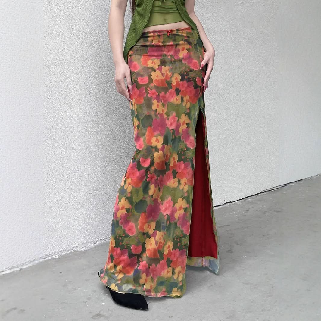 Vibrant Autumn Bloom Mesh Maxi Skirt with High Slit | Chic Fall Floral Statement