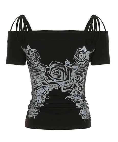 Bewitching Rose Wing Off-Shoulder Top | Y2K Grunge Graphic Tee for Spooky Season