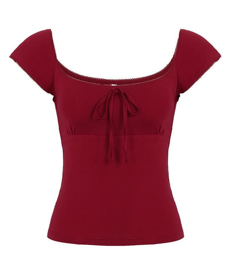 Autumn Blossom Square Neck Tie-Front Cap Sleeve Top - Deep Berry