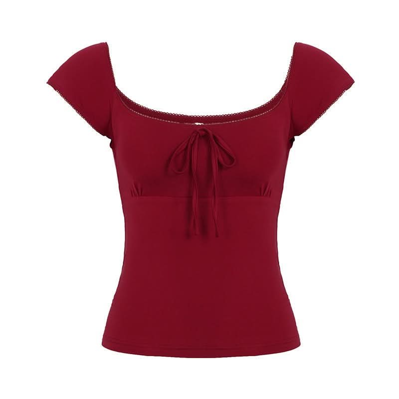 Autumn Blossom Square Neck Tie-Front Cap Sleeve Top - Deep Berry