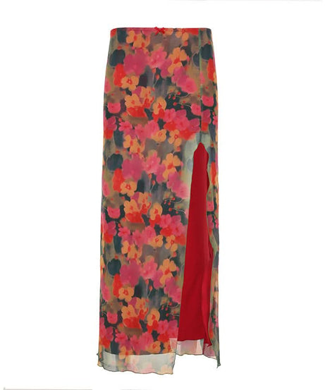 Vibrant Autumn Bloom Mesh Maxi Skirt with High Slit | Chic Fall Floral Statement