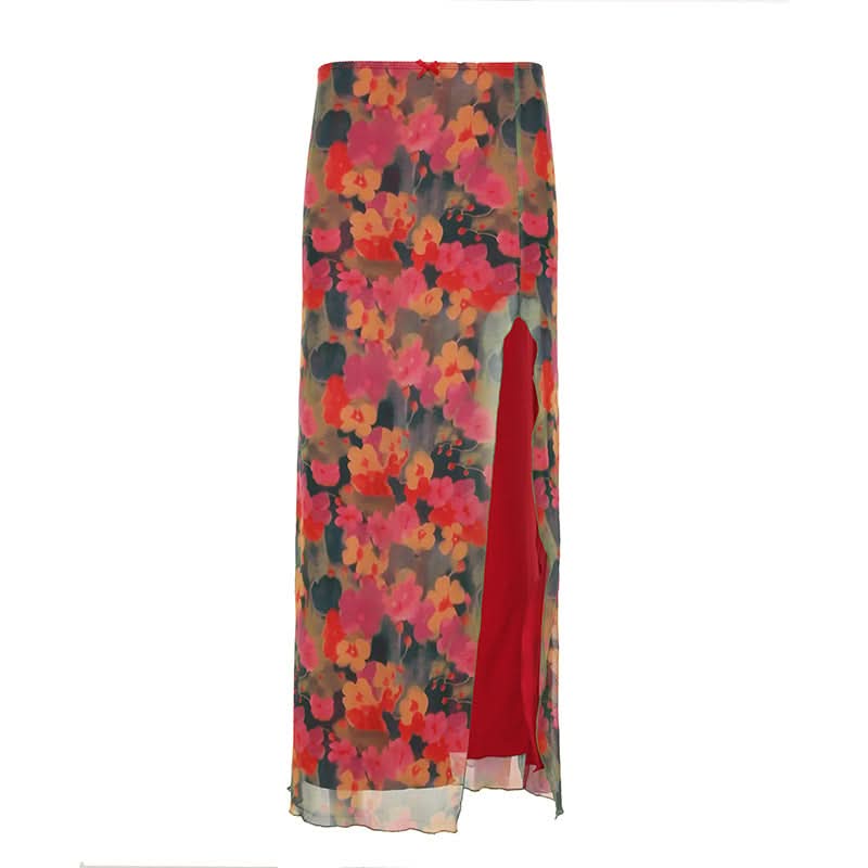 Vibrant Autumn Bloom Mesh Maxi Skirt with High Slit | Chic Fall Floral Statement