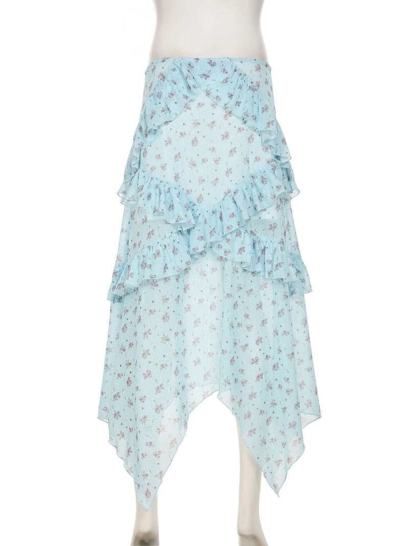 Whimsical Blue Floral Ruffle Tiered Maxi Skirt - Asymmetrical Hem for Effortless Fall Style