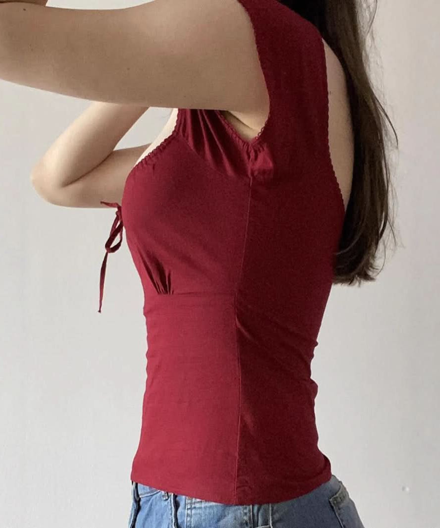 Autumn Blossom Square Neck Tie-Front Cap Sleeve Top - Deep Berry