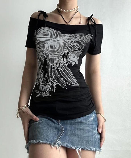 Bewitching Rose Wing Off-Shoulder Top | Y2K Grunge Graphic Tee for Spooky Season