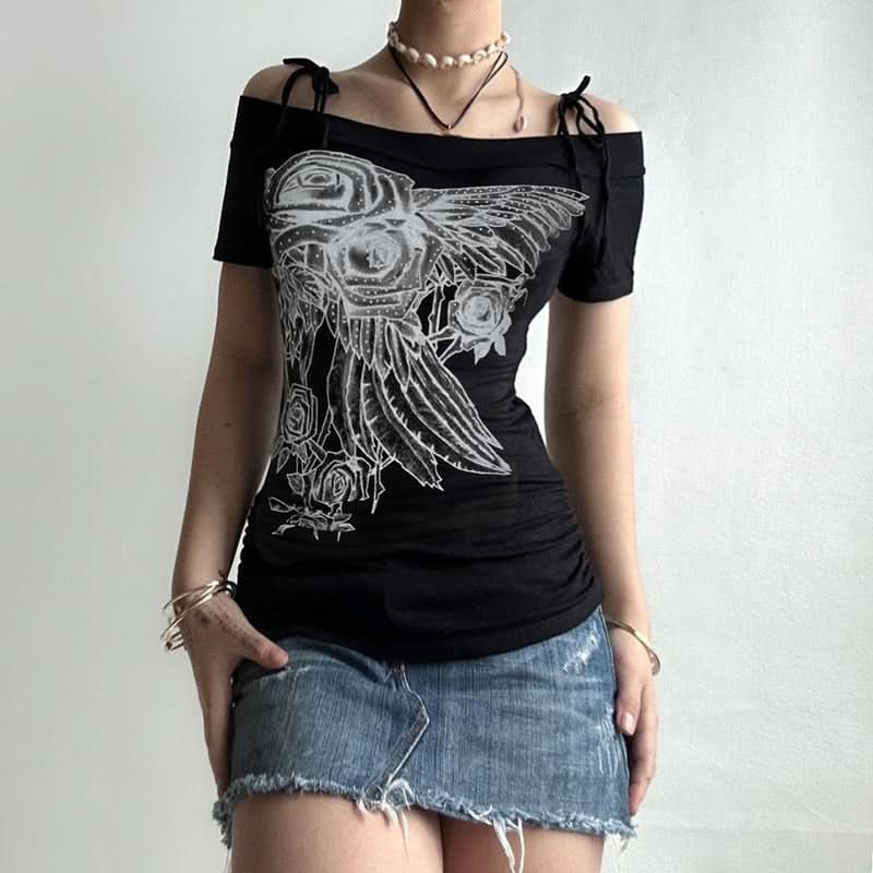 Bewitching Rose Wing Off-Shoulder Top | Y2K Grunge Graphic Tee for Spooky Season