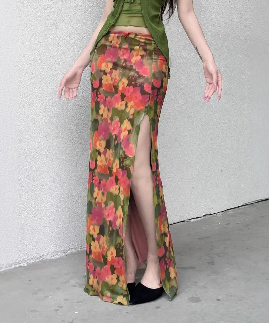 Vibrant Autumn Bloom Mesh Maxi Skirt with High Slit | Chic Fall Floral Statement