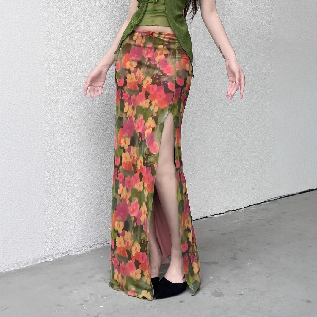 Vibrant Autumn Bloom Mesh Maxi Skirt with High Slit | Chic Fall Floral Statement